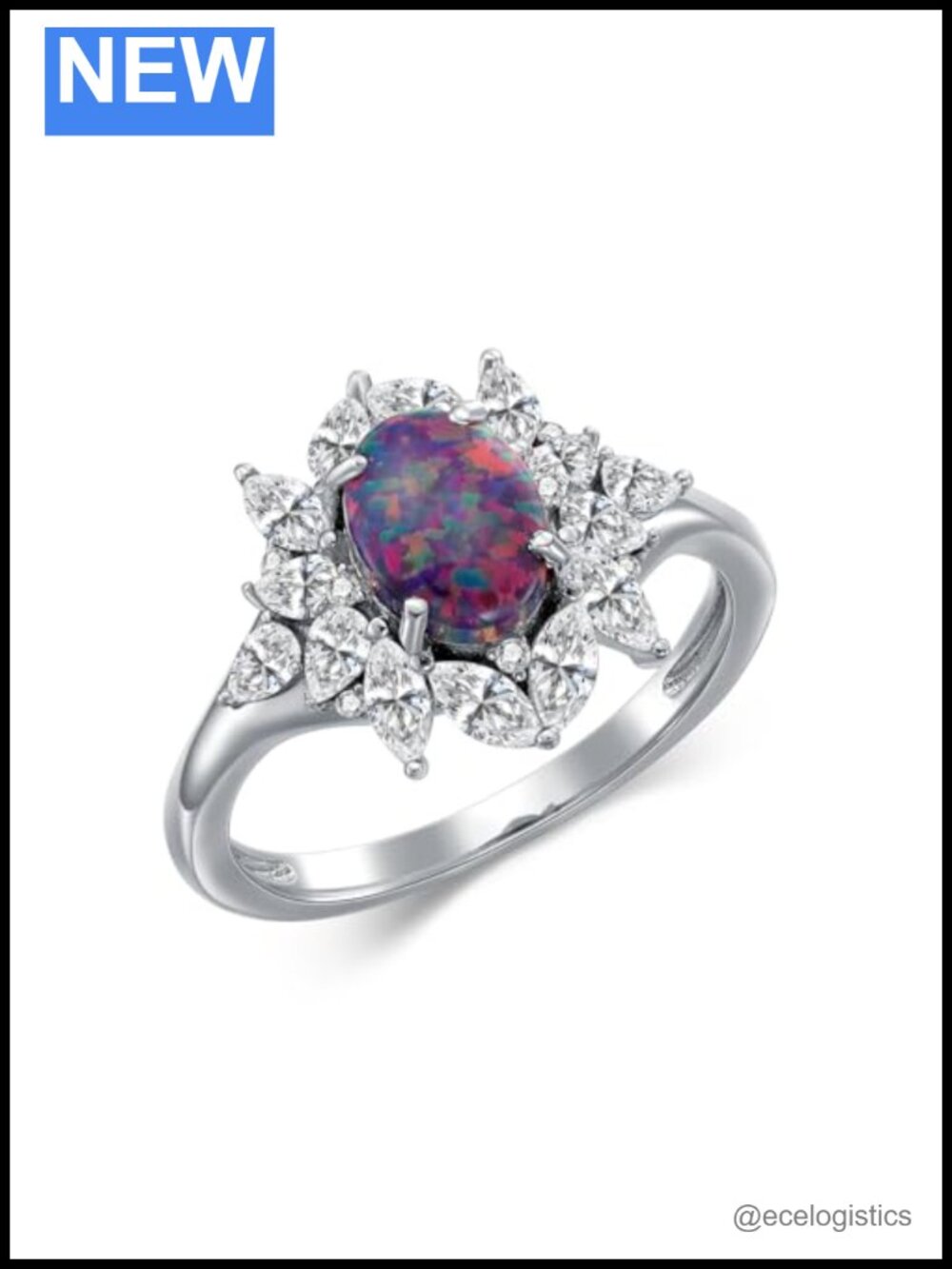 Sterling Silver Opal Halo Ring Oval Engagement Promise Anniversary